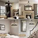 Black Wagon Wheel Chandelier, 24 Inch Black Chandeliers with Unique Glass Shade, 6-Light Crystal Farmhouse Wagon Wheel Chandeliers for Dining Room, Round Chandelier for Living Room, Foyer, Entryway by CozyNest Decor