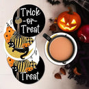 Coaster for Drinks Set of 6, Halloween Boo Black Cat Trick or Treat Spooky Pumpkin Bat Absorbent Round Ceramic Stone Mat, with Cork Base and Metal Holder, Gift for Housewarming Room Bar Decor by CozyNest Decor