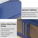 JYED Mid Century Modern TV Stand for TVs up to 75", 69.5" W Blue Entertainment Center with 4 Gold Metal Mesh Doors - Wood Grain MDF TV Console, Media Storage by CozyNest Decor