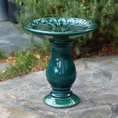 LuxenHome 22 Inch Ceramic Bird Bath for Outside, Elegant Tall Outdoor Bird Bath, Lightweight Pedestal Glazed Birdbaths for Outdoors with Floral Pattern, Dark Green by GreenHaven Gardens