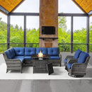 Outdoor Sectional Furniture Sofa Set with Propane Fire Pit Table, Wicker Patio Conversation Set with 2 Swivel Rocker Glider Chairs Blue Cushion Perfect for Backyard Casual Gathering by GreenHaven Gardens