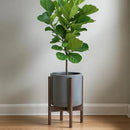 D'vine Dev Ceramic Planter with Walnut Color Stand - 12 Inch Modern Round Flower Pot with Wood Planter Holder, Grey, 55-B-W-3 by CozyNest Decor