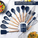 Country Kitchen Non Stick Silicone Utensil Set with Rounded Wood Handles for Cooking and Baking, 14 Piece Set, Navy by CozyNest Decor