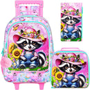 Girls Rolling Backpack, Cute Raccoon Roller Wheels Kids Bookbag - Wheeled Elementary School Bag - 3PCS Raccoon by TinyTreasures Baby Boutique