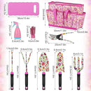 Gardening Tools Set, 10 PCS Stainless Steel Heavy-Duty with Non-slip Soft Rubber Handle with Large Garden Bag, Floral Pattern Gardening Tool Set Gifts for Women Birthday Mother's Day, Pink by GreenHaven Gardens