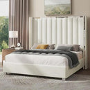 Jocisland Queen Size Bed Frame with 58" Tall Headboard, Platform Velvet Upholstered Bed with Channel Tufted Wingback Headboard and Plating Trim, No Box Spring Needed, White Cream by CozyNest Decor