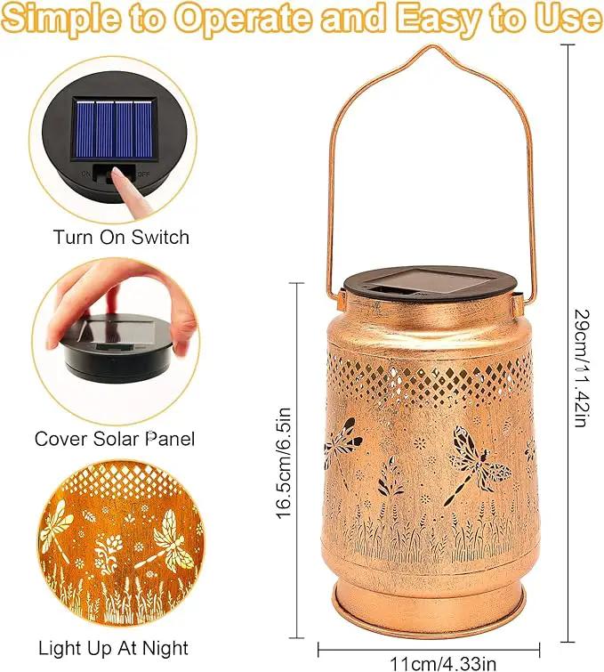 2 Pack Solar Lanterns Outdoor Garden Decor with Shepherd Hook, Gardening Gifts for Mom Grandma Women Dragonfly Metal Decor Lantern Waterproof Solar Lights LED Decorative for Garden Yard Patio, photo 5 of 9