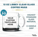 Custom Libbey Clear Glass Coffee Mugs 13 oz. Set of 50, Personalized Bulk Pack - Perfect for Coffee, Tea, Espresso, Hot Cocoa, Other Beverages - Black Bottom by TinyTreasures Baby Boutique