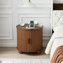 Farmhouse Round End Table with Charging Station, 24" Large Fluted Sofa Side Table with Sliding Tambour Door & Storage, Mid-Century Wood Nightstand for Living Room, Bedroom (Walnut) by CozyNest Decor