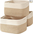 Large Storage Baskets for Organizing Shelves, Woven Cotton Rope Bins for Baby Nursery Organization, Book Toy Towel Organizer, 17"x13"x9.5", 3 Packs, Off White & Brown by TinyTreasures Baby Boutique