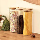 Liuruiyu Glass Storage Jars Set of 3, Clear Glass Food Storage Containers with Airtight Bamboo Lid Stackable Kitchen Canisters for Candy,Cookie,Rice,Sugar,Flour,Pasta(Flat) by CozyNest Decor