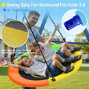 440lbs Kids Swing Set, 3-in-1 Outdoor Playground with Saucer Swing, Belt Seat & 4ft Trampoline, Heavy Duty A-Frame Metal Stand & Safety Stakes, Backyard Playset for Toddlers 3-8 Years Old by TinyTreasures Baby Boutique