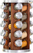 Orii 20 Jar Dark Acacia Wood Spice Rack with Spices Included - Rotating Tower Organizer for Kitchen Spices and Seasonings, (Dark Stained Acacia Wood) by CozyNest Decor