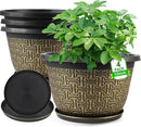 4 Pack 12 Inch Plant Pots,Large-Plant-Flower-Planters-Plastic, Flower Pots Outdoor Indoor with Drainage Holes & Trays, Retro Antique Imitation Decorative Garden Sets for Houseplants by CozyNest Decor