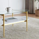 Oval Coffee Table, Mid-Century Modern Design, L41 x W21 x H17 inch, for Living Room, Clear Glass Top, White Marble Finish Wood Shelf & Gold Finish Frame by CozyNest Decor