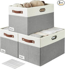 Large Collapsible Fabric Storage Bins with 3 Handles, Foldable Organizer Baskets for Closet, Shelves, Living Room | 3 Pack, Durable PU & Metal Handles (17"x11.8"x11.8", Gray & White) by TinyTreasures Baby Boutique