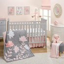 Lambs & Ivy Petals Gray/Pink Sateen Cotton Floral 3-Piece Baby Crib Bedding Set by TinyTreasures Baby Boutique
