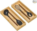 Bamboo Kitchen Drawer Organizer, Stackable Utensil Holder Silverware Organizer Cutlery Tray - 2PCS Organizer Bins for Makeup Jewelries Flatware in Bathroom, Office Desk, Cabinets, 15x6x2 inch