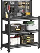 Workbench with Pegboard, Adjustable Heavy Duty Work Table with Wheels, Heavy Duty Workstation, Metal Tool Work Bench for Garage Warehouse Workshop, 48" H x 18" D x 34" W, Black by GreenHaven Gardens