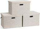 Large 17" 36 Quart Collapsible Stackable Storage Bins with Lids, 3 Packs Beige Linen Fabric Closet Boxes with Lids, Storage Cube Baskets Container Organizers for Bedroom Office(17 x12 x11) by TinyTreasures Baby Boutique