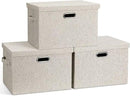 Large 17" 36 Quart Collapsible Stackable Storage Bins with Lids, 3 Packs Beige Linen Fabric Closet Boxes with Lids, Storage Cube Baskets Container Organizers for Bedroom Office(17 x12 x11) by CozyNest Decor