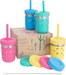 Elk and Friends 10oz Stainless Steel Kids + Toddler Drinking Cups | The Original Mason Jars with Lids + Sleeves + Straws | Smoothie Cups | Spill Resistant | Dishwasher Safe | 4 Pack by TinyTreasures Baby Boutique