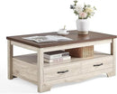 LINSY HOME Farmhouse Coffee Table with Storage, Wood Coffee Table for Living Room, Open Display Area and Storage Drawers with Metal Handles, Chic Style with Curved Base. Oak and Brown by CozyNest Decor