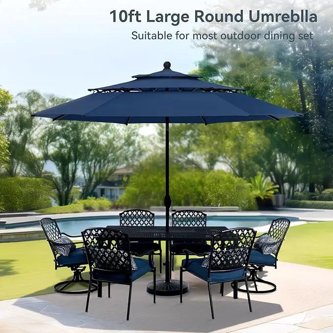 PHI VILLA 10ft Outdoor Patio Umbrellas for Outside, 3 Tier Vented Market Table Umbrella Windproof for Backyard, Deck, Garden, 1.5" Pole, Dark Blue（No Base）, photo 8 of 8