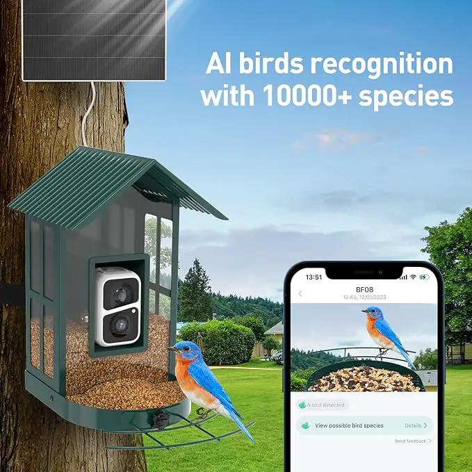Soliom- Bird Feeder with Camera, 5W Solar Powered, AI Identify Species, Smart Wild Bird Watching, 2K Live View, Instant Arrival Alerts,Large 2.7L Seed Capacity, Metal Squirrel Chew-Proof - BF08 Green, photo 3 of 7