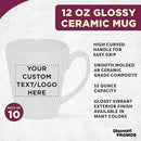 DISCOUNT PROMOS Custom Glossy Ceramic Latte Coffee Mug 12 oz. Set of 10, Personalized Bulk Pack - Perfect for Tea, Espresso, Cappuccino, Hot Cocoa - White by CozyNest Decor