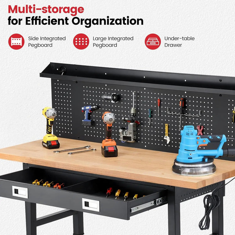 Workbench with Wheels 60 x 22 Inch Heavy Duty Rubber Wood Tabletop Work Bench with Pegboard, Drawers, Power Outlets Adjustable Height Work Table for Woodworking Shop, Home, Office, photo 3 of 6