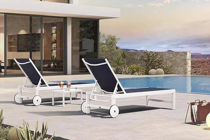 PURPLE LEAF Outdoor Chaise Lounge Staight Legs Adjustable Sunbathing Recliner with Side Table Navy Blue 2 Sets, photo 3 of 7