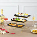 MALACASA 3 Tier Serving Trays for Party, 12 Inch Porcelain Black Trays for Serving Food, Dessert Stand with Collapsible Gold Metal Rack by CozyNest Decor