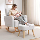 Rocking Chair with Ottoman, Upholstered Nursing Glider Rocker with High Backrest and Side Pocket, Comfy Reading Chair with Solid Wood Legs for Nursery/Living Room/Bedroom White by TinyTreasures Baby Boutique