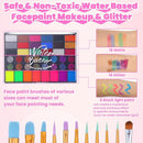 42 Color Face Painting Kit for Kids - Water Based, Non Toxic Face paint palette with Art Brushes, Stencils, Gems - For Halloween, Carnival, Costume Makeup, Parties & Cosplay by TinyTreasures Baby Boutique