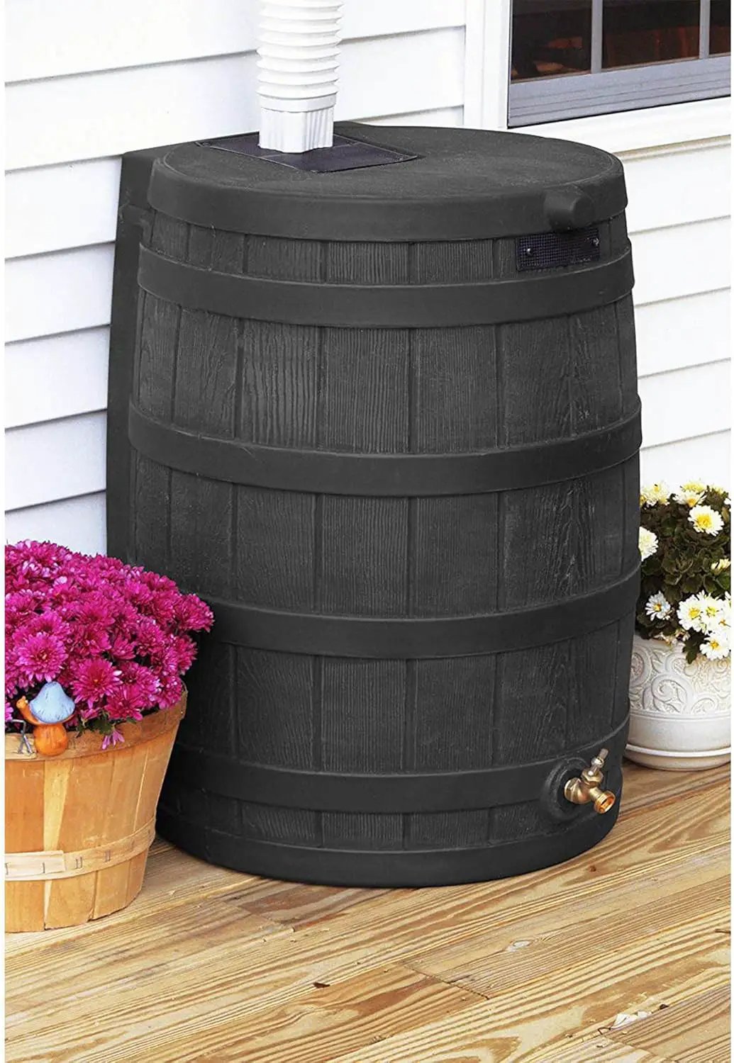 Good Ideas Rain Wizard 50 Gallon Plastic Outdoor Home Rain Barrel Water Storage Collector with Brass Spigot and Flat Back Design, Black (4 Pack), photo 3 of 6