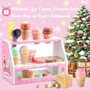 WHOHOLL Wooden Ice Cream Counter Playset for Toddler Girl Toys, Play Store Pretend Toy Food Play Kitchen Accessories with Fake Money & Coin, Gifts for 3+ Year-Old Kids (Pink) by TinyTreasures Baby Boutique