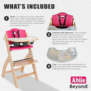 Abiie Beyond Junior Wooden High Chair with Tray - Adjustable and Convertible High Chair for Babies and Toddlers - 6 Months to 250 Lb - Water Resistant - Natural Wood/Raspberry Cushion by TinyTreasures Baby Boutique