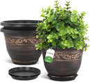 Plastic-Plant-Flower-Planters-14 Inch with Drainage Hole & Saucer, 3 Packs Lightweight Large Resin Flower Pot Indoor Outdoor, Retro Antique Imitation Decorative Garden Containers Sets for Houseplants by GreenHaven Gardens
