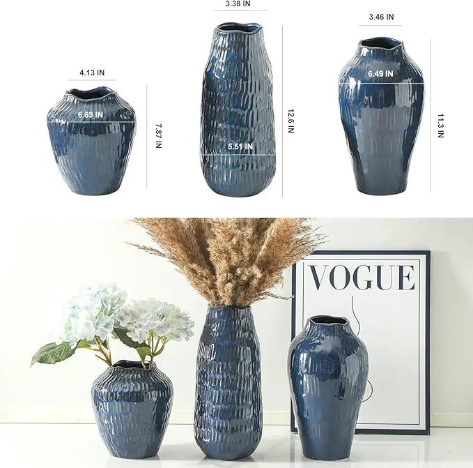 Blue Ceramic Vase for Home Decor, 12.6 Inch Tall Flower Vase with Modern Textured Finish,Decorative Floor Vase for Pampas Grass, Entryway, Living Room, Dining Table, Farmhouse or Office, photo 3 of 8