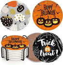 Coaster for Drinks Set of 6, Happy Halloween Trick or Treat Pumpkin Absorbent Round Ceramic Stone Mat, with Cork Base and Metal Holder, Gift for Housewarming Room Bar Decor by CozyNest Decor