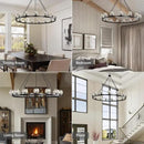 Black Wagon Wheel Chandelier, 59 Inch Black Chandeliers with Unique Glass Shade, 15-Light Crystal Large Wagon Wheel Chandeliers for Dining Room, High Ceiling Round Chandelier for Living Room, Foyer by CozyNest Decor