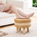Handwoven Round Ottoman, Natural Water Hyacinth Outdoor Patio Pouf Seagrass Low Stool with Wood Legs, Soft Padded Footrest for Living Room Bedroom Garden, White by CozyNest Decor