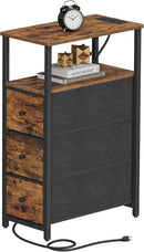TUTOTAK Narrow Night Stand with Charging Station, Slim End Table with Plugins, Tall Side Table with 3 Fabric Drawer, Small Bedside Table with Storage, Living Room, Bedroom, Brown TB01BB086 by CozyNest Decor