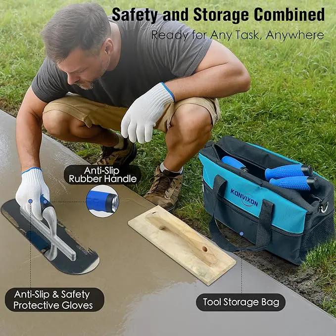 10PCS Concrete Trowel Set, Masonry Hand Tool Set Includes Large Flat Finishing and Pool Trowel, Wood Float, Concrete Edger and Groover, Margin Gauging, Wire Twister, Gloves & Carry Bag, photo 7 of 8
