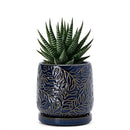 D'vine Dev 4 Inch Embossed Leaves Stoneware Planter Pot with Drainage Hole and Saucer, Midnight Blue, 27-A-Z-3 by GreenHaven Gardens