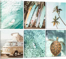Set of 6 Tropical Beach Canvas Wall Art Surf Poster Summer Ocean Coastal Pictures Turtle Print Palm Tree Surfboard Gallery Paintings Nautical Bus Wall Decor for Bedroom Bathroom Framed by CozyNest Decor