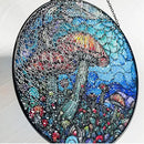Stained Glass Window Hanging - 7.8‘’ "Enchanted Forest Mushroom Suncatcher for Home and Office Décor Sun Catcher Circular Artwork by GreenHaven Gardens