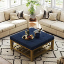 Large Square Ottoman Coffee Table, Linen Solid Upholstered Footrest Ottoman with Solid Wood Shelf Storage Tufted Coffee Table for Bedroom Living Room, Navy Blue by CozyNest Decor