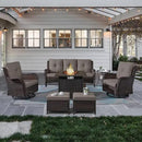 Outdoor Patio Furniture Set with Propane Fire Pit Table, 7 Pieces Wicker Patio Conversation Set with 2 Swivel Glider Rocker Chair Rattan Sofa Grey Cushion Perfect for Casual Gathering by GreenHaven Gardens